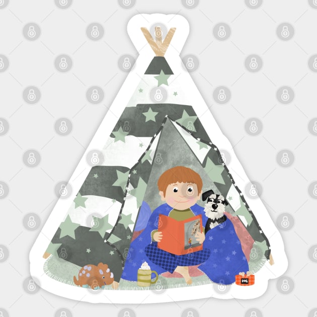 Little boy in a teepee den with story book and puppy Sticker by NattyDesigns